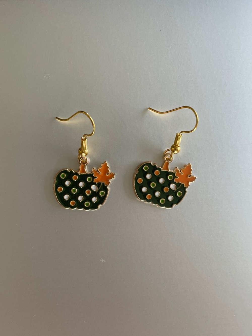 Gold-Tone Green Pumpkin Drop Earrings with Orange Leaf